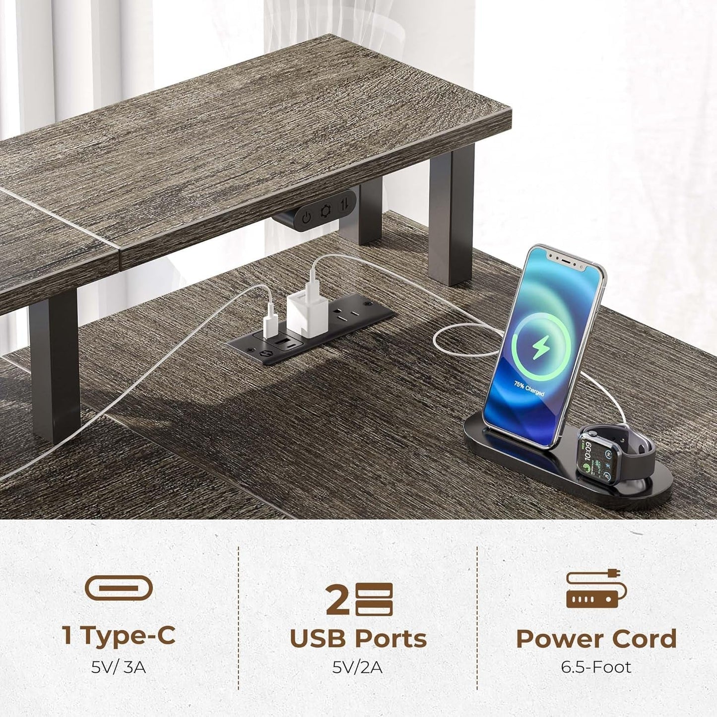 L Shaped Home Office Desk with Storage and LED Lights