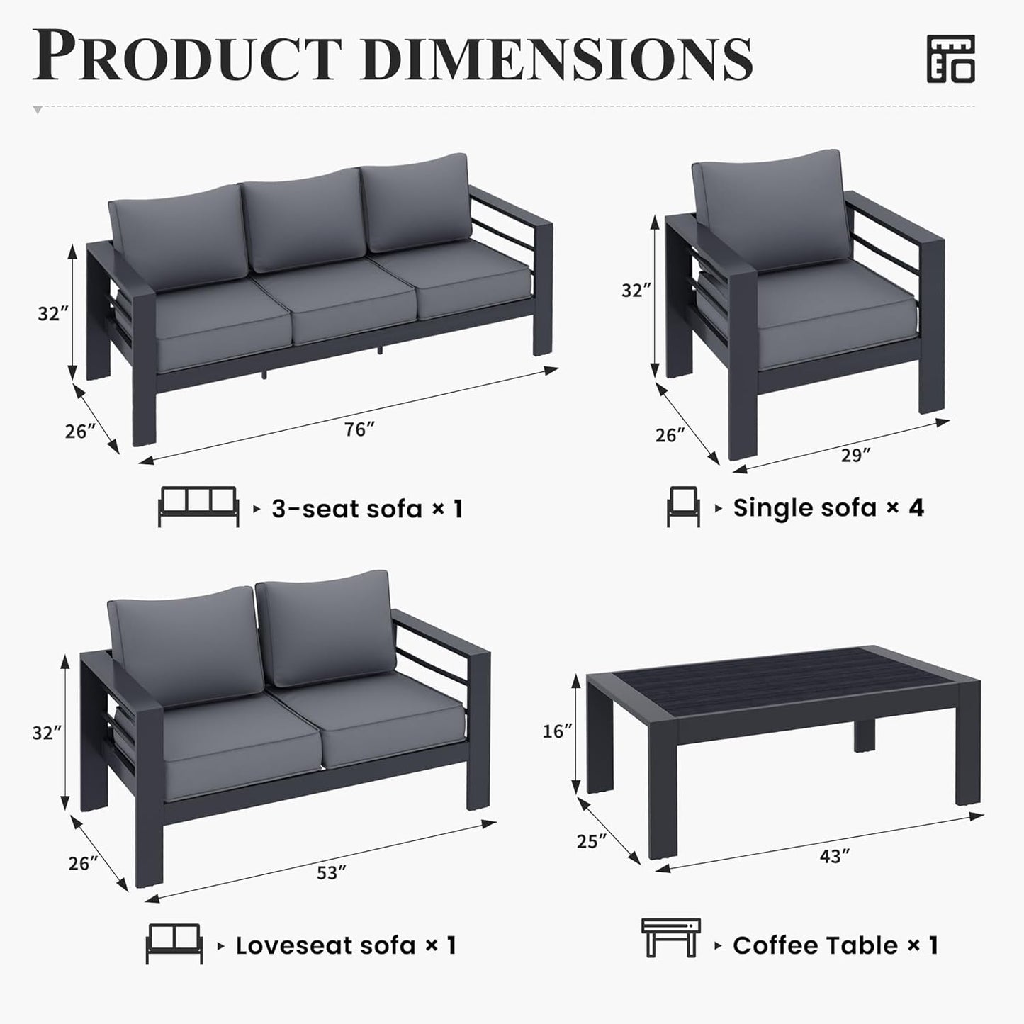 Aluminum Patio Furniture Set, 7 Piece Metal Outdoor Furniture Set, Patio Furniture Set with Waterproof Covers for Backyard Garden（Grey）