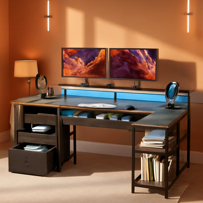 L Shaped Home Office Desk with Storage and LED Lights