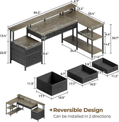 L Shaped Home Office Desk with Storage and LED Lights