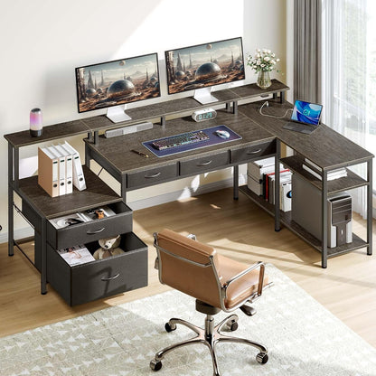 L Shaped Home Office Desk with Storage and LED Lights