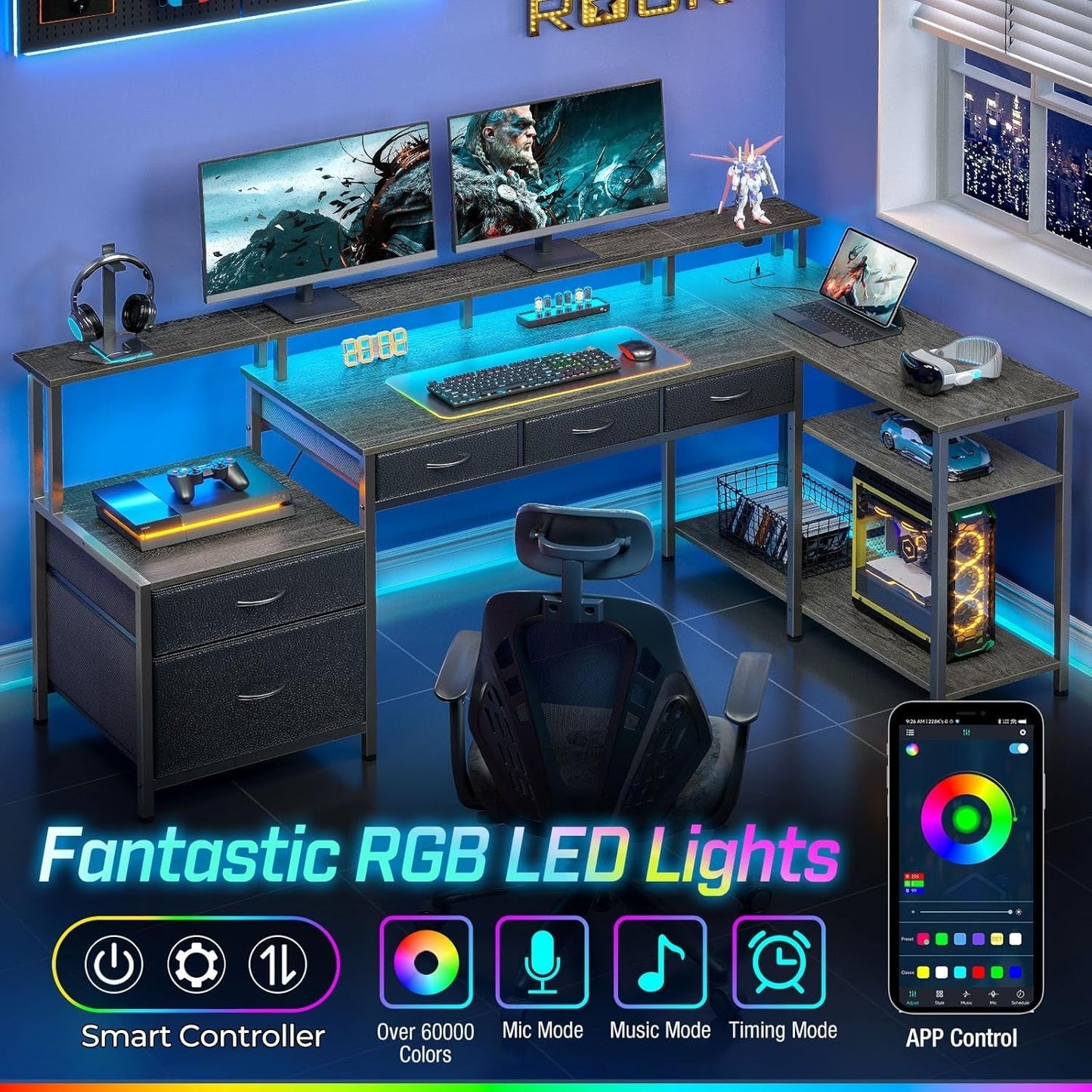 L Shaped Home Office Desk with Storage and LED Lights