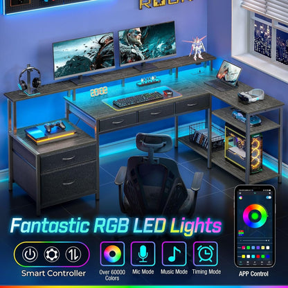 L Shaped Home Office Desk with Storage and LED Lights